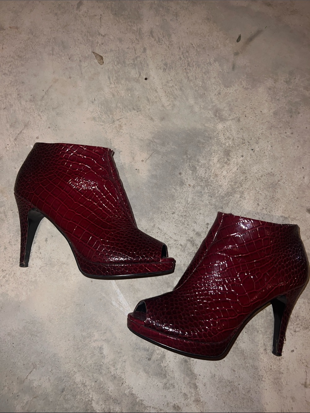 White House Black Market Burgundy Croc-Embossed Peep-Toe Heel Booties